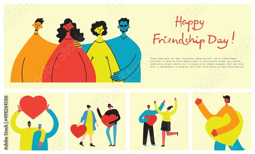 Background with happy diverse hugging people. Concept of friendship day, unity. Celebration or congratulation of multiracial students or friends.