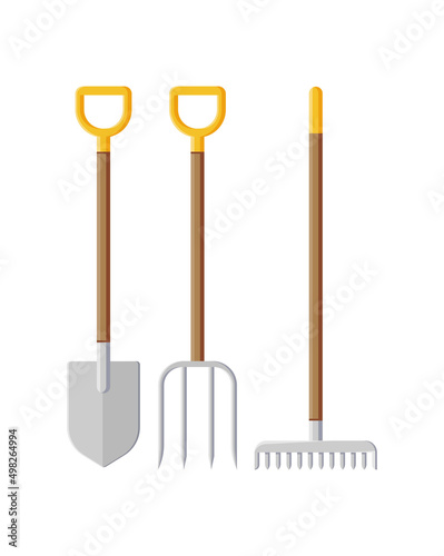 Collection gardening equipment for landscaping planting cultivating seasonal countryside work isometric icon vector illustration. Set farming instrument shovel rake and pitchfork agriculture tool
