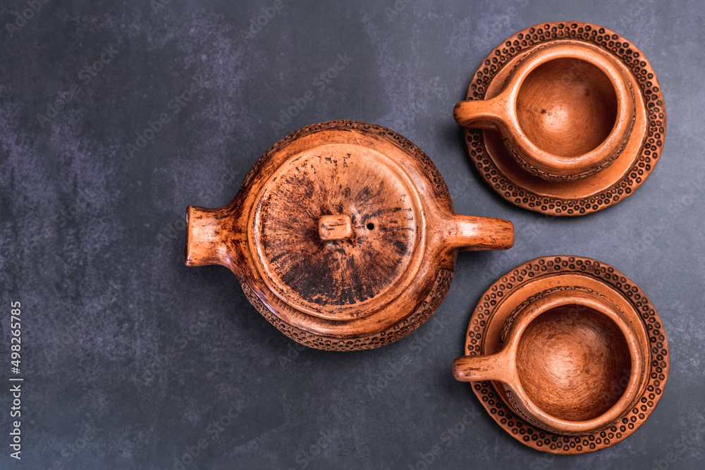 Authentic Brown Earthenware Rustic Dinnerware Set Teapot And Two Cups 