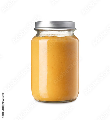 Front view of baby puree jar isolated on white background