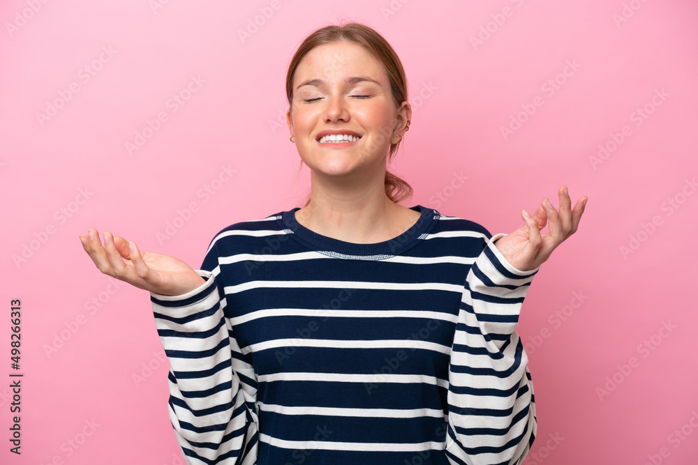 Young caucasian woman isolated on pink background smiling a lot Young caucasian woman isolated on pink background smiling a lot
