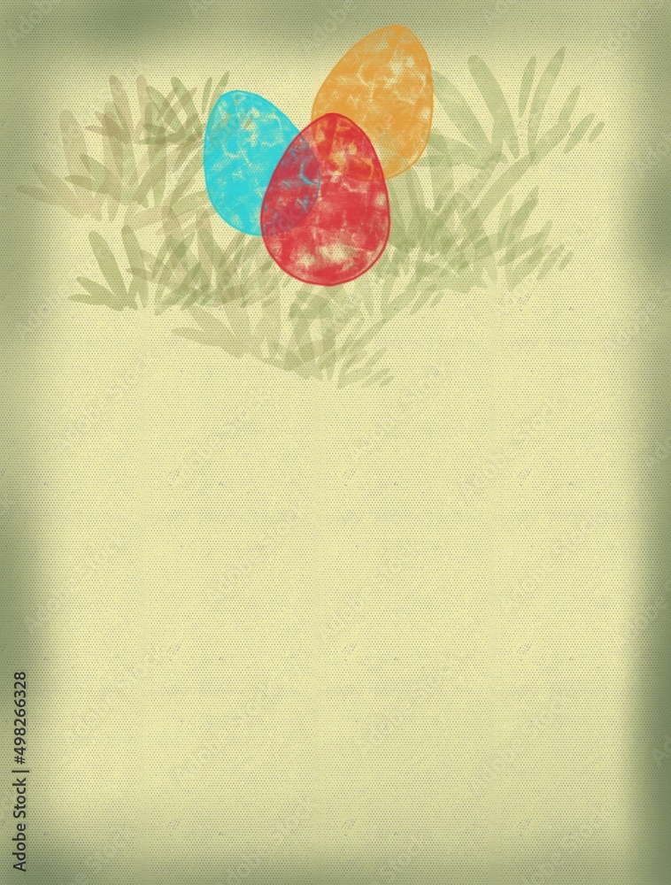 Obraz premium Vertical illustration with copyspace, Easter eggs in grass on yellow textured background with frame and space for text