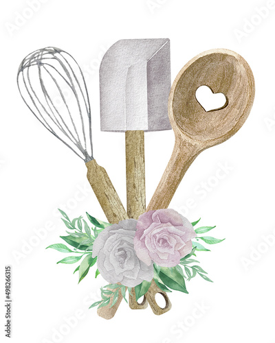 Watercolor illustration of bakery with whisk, spoon and spatula. Logo for cake shop and bakery