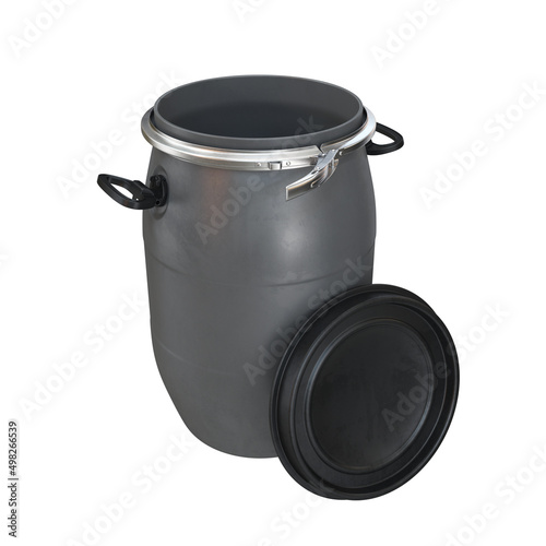 Plastic barrel with open lid gray on white background, 3d render