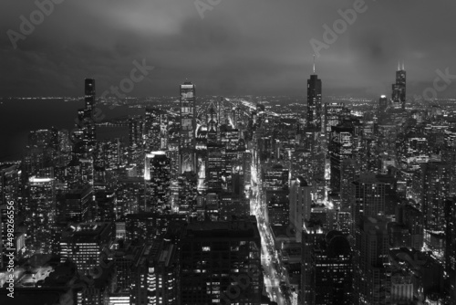 Chicaglo skyline at night in black and white