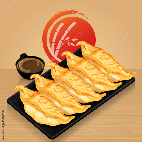 Gyoza and sauce on the sun background vector.