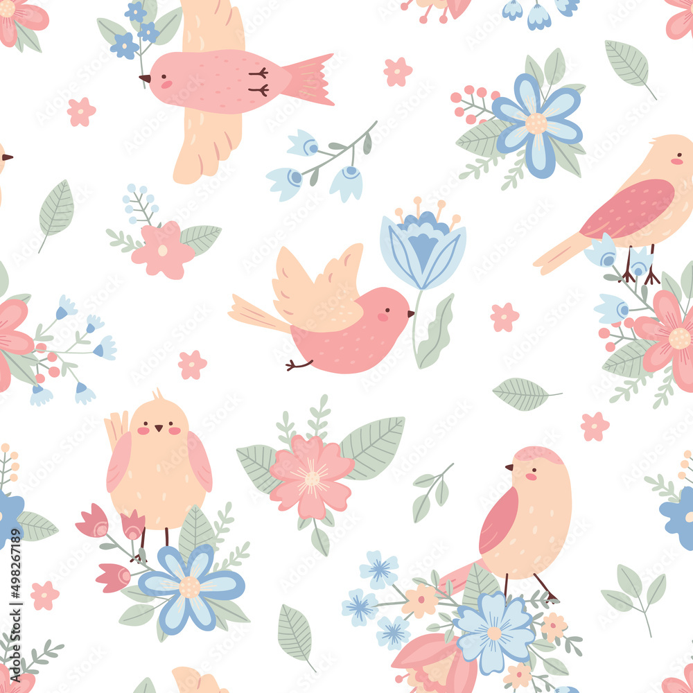 Seamless pattern with childish birds and flowers on a white background. Cute vector illustration in pastel colors with floral elements, for design, fabric and textiles.