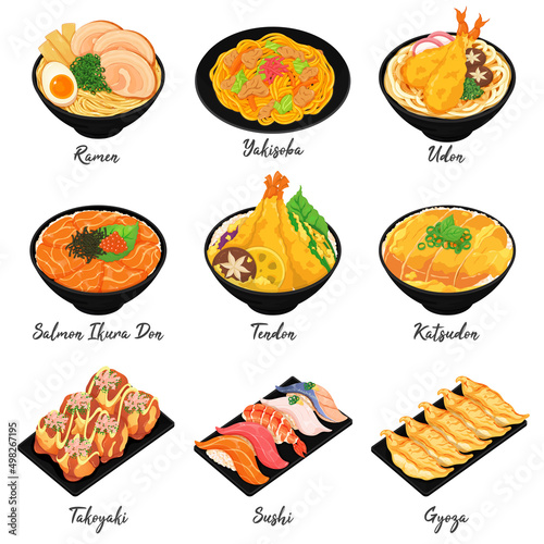 Japanese food illustration. (Ramen, Yakisoba, Udon, Salmon Ikura Don, Tendon, Katsudon, Takoyaki, Sushi and Gyoza)