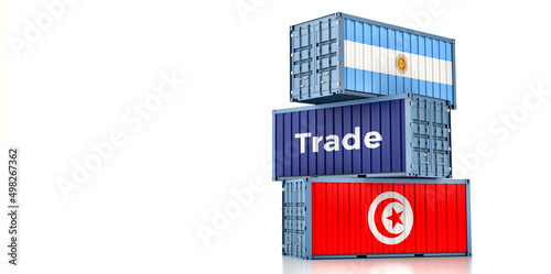 Cargo containers with Argentina and Tunisia national flags. 3D Rendering