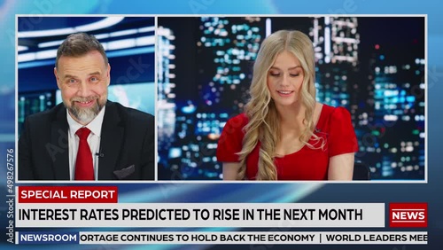 Split Screen Two Anchors Talking TV Live News Segment. Presenters Discuss Business, Economy, Politics, Science, Daily Events. Evening Television Program on Cable Channel Playback. Luma Matte Montage