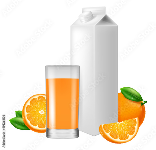 Blank white carton box for juice with a glass of juice and fresh orange. Vector illustration.