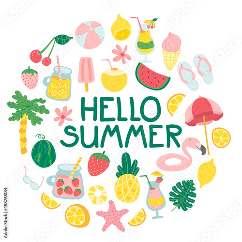 Hello summer lettering with cute flat cartoon cocktail  juice  ice cream  fruits  flowers  palm trees. Template for a banner  postcard or summer print. Circle ornament.