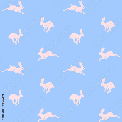 Seamless trendy animal pattern with white hare. Contour design print.