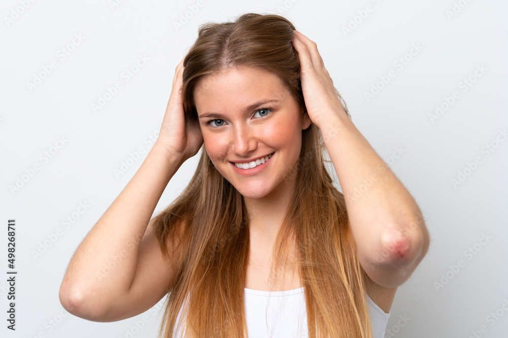 Young caucasian woman isolated on white background with happy expression. Close up portrait Young caucasian woman isolated on white background with happy expression. Close up portrait