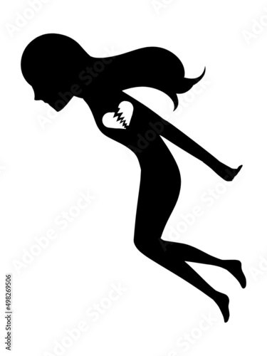 割れたハートマークと身投げする女性のシルエットの抽象的な投身自殺イメージのイラスト