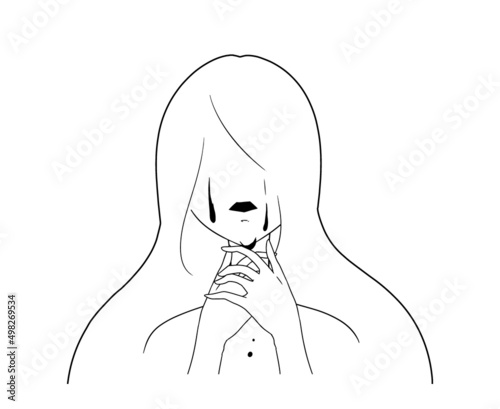 白色の塗りと黒色の線の首を絞める女性の自殺イメージの抽象的なイラスト