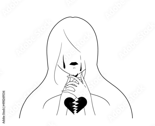 白色の塗りと黒色の線の首を絞める女性と割れたハートマークの自殺イメージの抽象的なイラスト