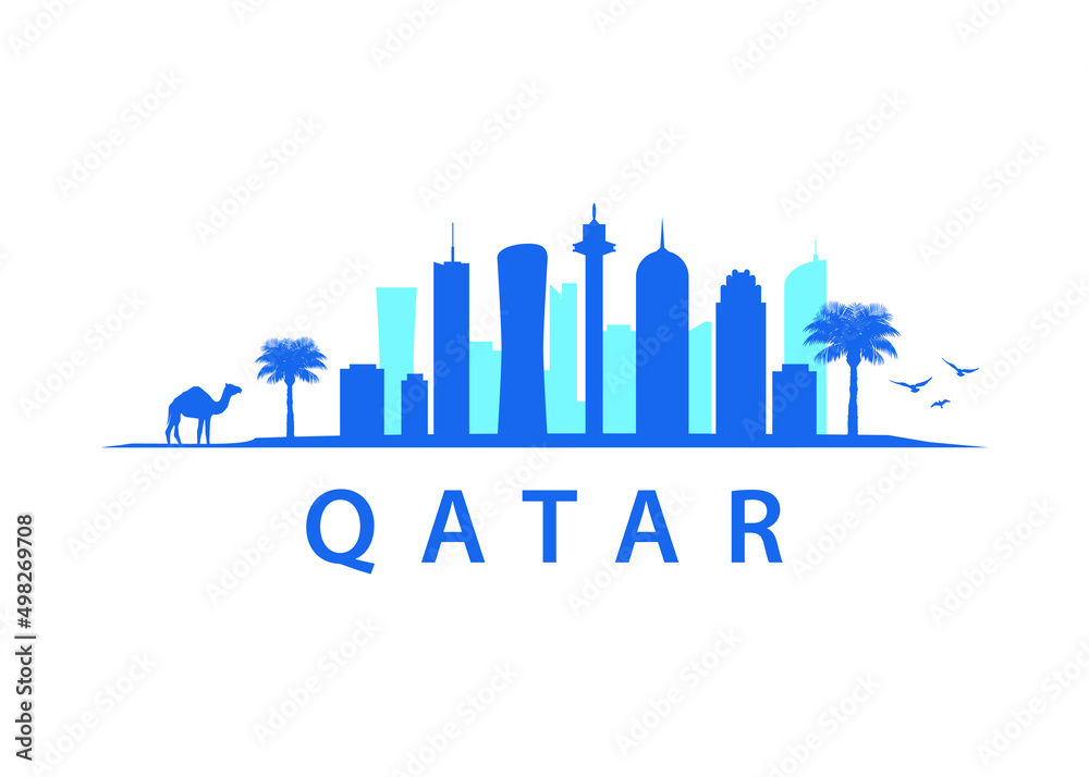 Qatar Skyline City Landscape, Outline Vector Graphic. Views in Arabia. 