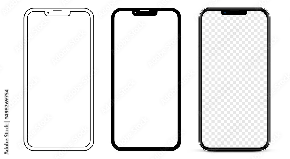 Realistic smartphone mockup isolated with transparent screens. Smart phone mockup collection. Device front view. 3D mobile phone with shadow on white background. Realistic, flat and line style Realistic smartphone mockup isolated with transparent screens. Smart phone mockup collection. Device front view. 3D mobile phone with shadow on white background. Realistic, flat and line style