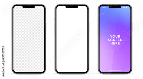 Realistic smartphone mockup isolated with transparent screens. Smart phone mockup collection. Device front view. 3D mobile phone with shadow on white background. Realistic, flat and line style