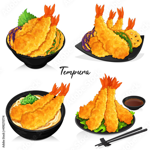Variaties shrimp tempura recipe illustration vector.
(Tendon, Donburi, Udon, and Tempura fried shrimp)