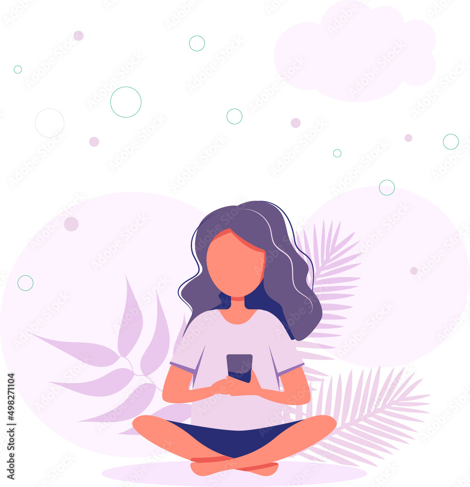 Woman with smartphone.  Illustration in the style of a flat cartoon, relaxation, relaxation, healthy lifestyle.