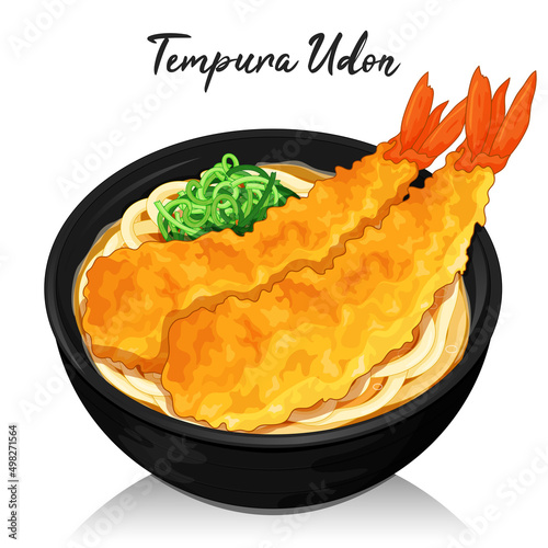 Shrimp tempura udon noodles soup illustration vector.
