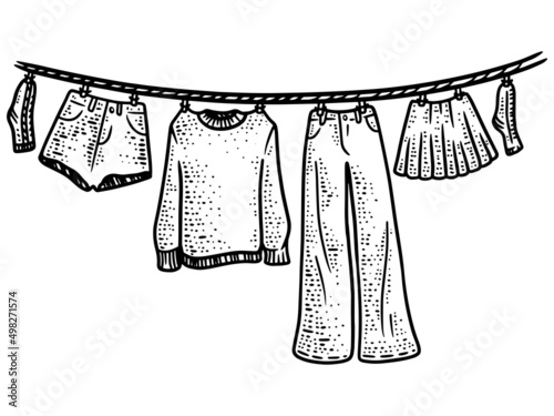 Clothes hanging on a rope. Line art sketch picture. Hand drawn.