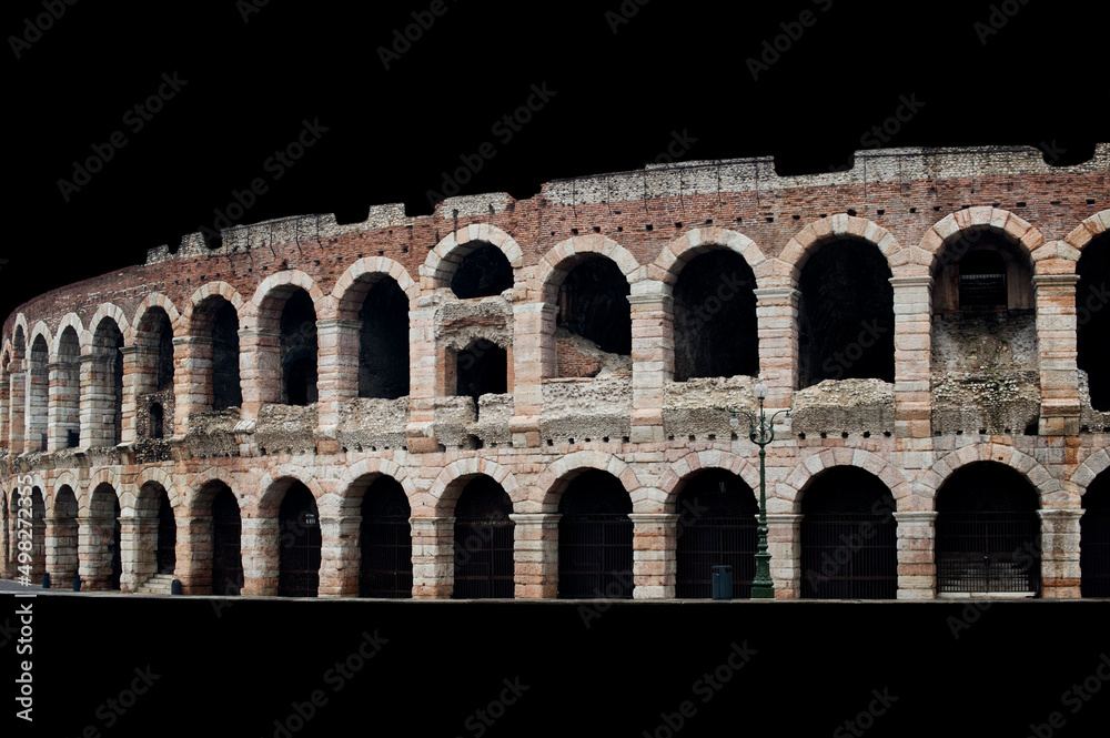Image of the ancient Arena clipped and isolated on black. Verona, Italy.