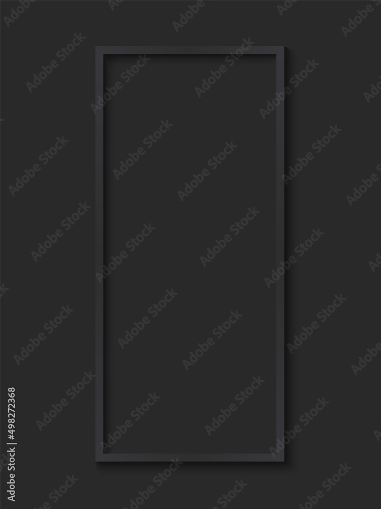 Black Rectangular Photo Frame for Art Gallery Wall. Blank and Empty Dark Border for Picture on Black Background. Simple Wood Grey Poster. Modern Template Design. Isolated Vector Illustration Black Rectangular Photo Frame for Art Gallery Wall. Blank and Empty Dark Border for Picture on Black Background. Simple Wood Grey Poster. Modern Template Design. Isolated Vector Illustration
