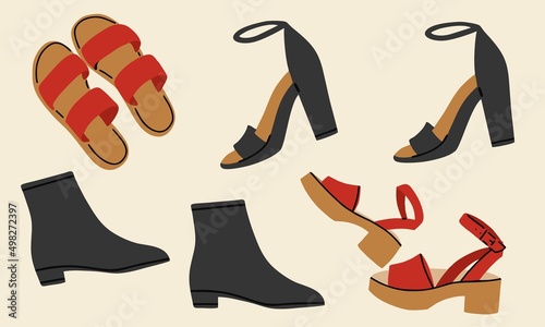 Set of vector icons of women's shoes isolated on white background.Sandals, slates, spaoogi. Fashion shoes design collection. Flat design, hand drawn cartoon, vector illustration.