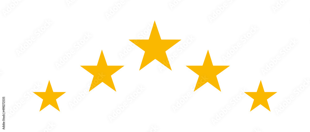 Five star rating icon. Balanced star drawing. Vector illustration. Superiority. Gold stars. Award icon on white background. Five star rating icon. Balanced star drawing. Vector illustration. Superiority. Gold stars. Award icon on white background.