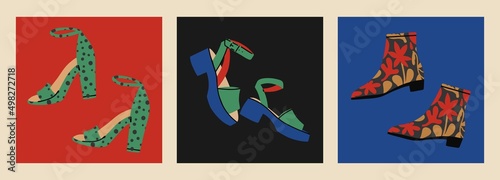 Set of vector icons of women's shoes. Sandals, slates, spaoogi. Fashion shoes design collection. Flat design, hand drawn cartoon, vector illustration.