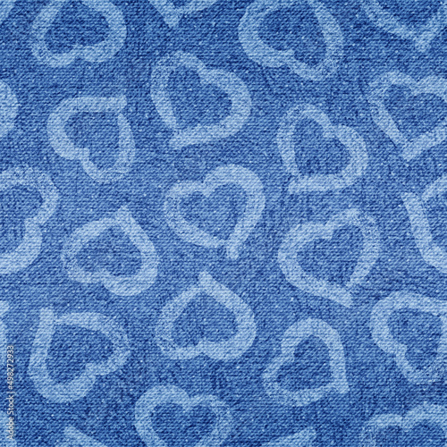 Heart seamless pattern. Indigo shibori denim background. Repeated fade jean printing. Repeating blue distress design for prints. Fadew hearts printed. Monochrome woven effect. Vector illustration