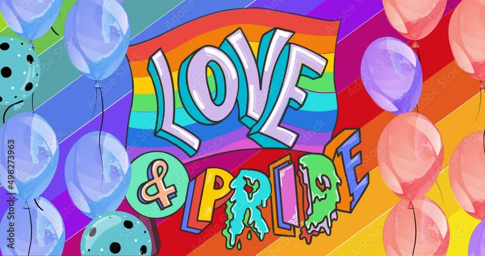 Animation of balloons over love and pride text with rainbow background Animation of balloons over love and pride text with rainbow background