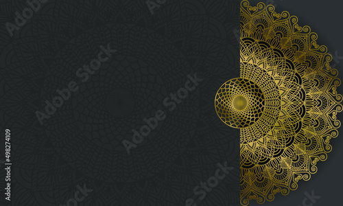 Elegant, luxury ornamental mandala design in gold colour on black background. Mandala with floral patterns. Yoga template. Vector illustration.