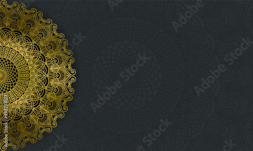 Elegant, luxury ornamental mandala design in gold colour on black background. Mandala with floral patterns. Yoga template. Vector illustration.