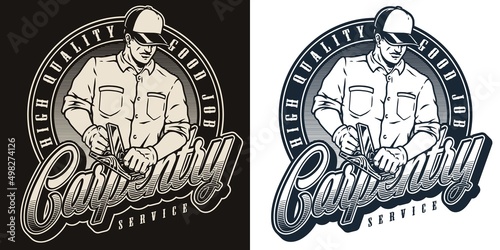 Carpenter with wood plane monochrome badge