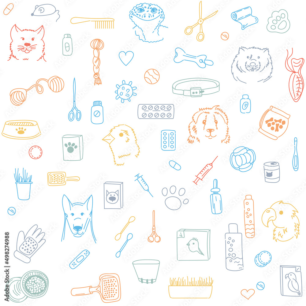Veterinary seamless pattern with animals, medicines, food, toys. Vector linear illustration of pet grooming. Colored pattern on a white background.