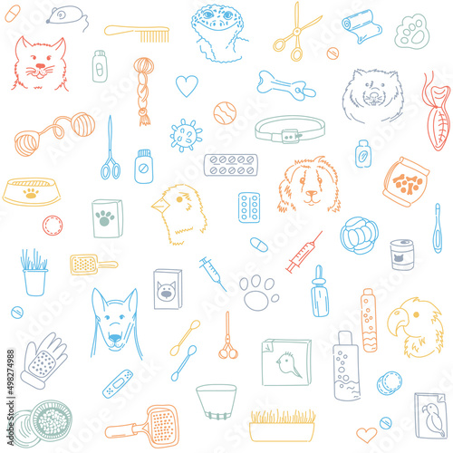 Veterinary seamless pattern with animals  medicines  food  toys. Vector linear illustration of pet grooming. Colored pattern on a white background.