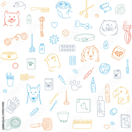 Veterinary seamless pattern with animals, medicines, food, toys. Vector linear illustration of pet grooming. Colored pattern on a white background.