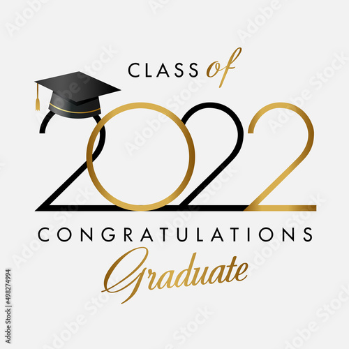  Class of 2022 year graduating creative congrats. Class off black and shiny golden number, calligraphy elements. Isolated abstract graphic design template. Mortarboard hat in 3D style, square bg.