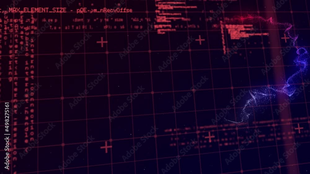 Animation of data processing in red on black background with blue lights Animation of data processing in red on black background with blue lights