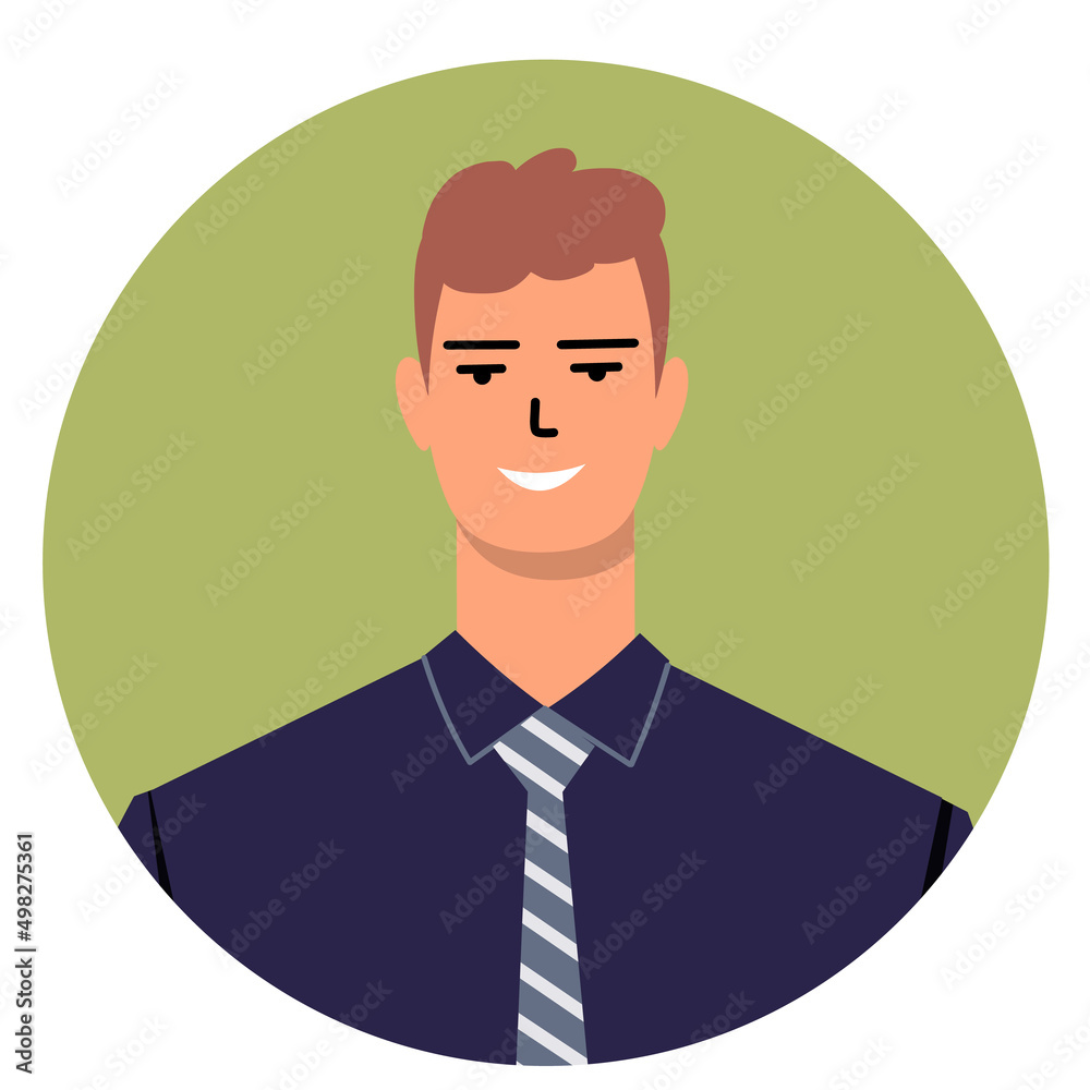 Round icon of a young man in a tie. Portrait of a business man, office worker, clerk. Avatar of a happy smiling man in a dark blue shirt. Flat style isolated on white background. Vector Round icon of a young man in a tie. Portrait of a business man, office worker, clerk. Avatar of a happy smiling man in a dark blue shirt. Flat style isolated on white background. Vector