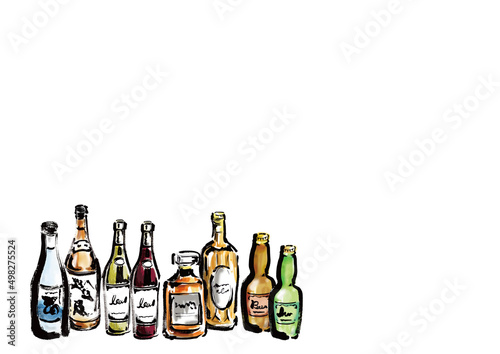 余白のあるアルコールドリンクボトルの手描きイラストセット