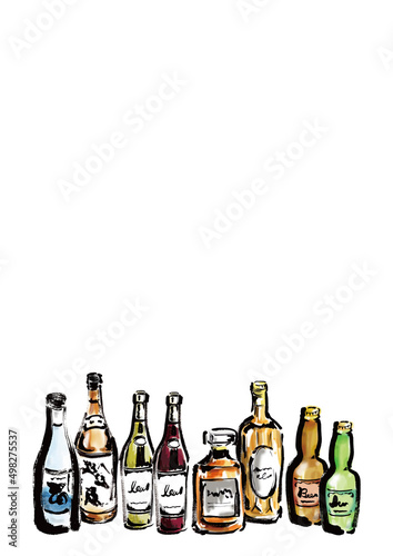 余白のあるアルコールドリンクボトルの手描きイラストセット
