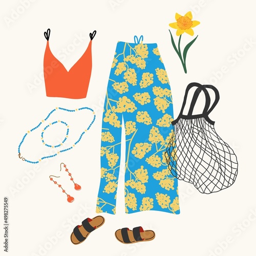 Summer outfit with casual wear for a woman. Modern look in bright colors. Long flower skirt, red top, eco bag and bijouterie.