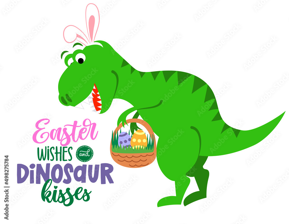 Easter wishes and dinosaur kisses - funny hand drawn doodle, cartoon dino. Good for Poster or t-shirt textile graphic design. Vector hand drawn illustration. Happy Easter! Easter wishes and dinosaur kisses - funny hand drawn doodle, cartoon dino. Good for Poster or t-shirt textile graphic design. Vector hand drawn illustration. Happy Easter!