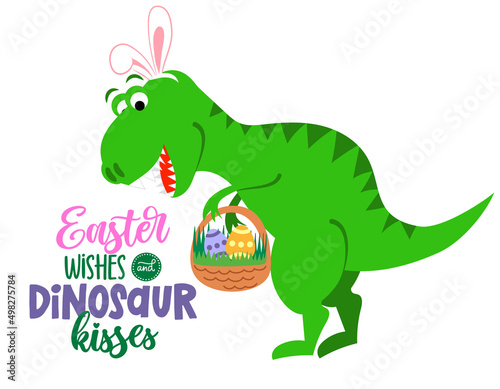 Easter wishes and dinosaur kisses - funny hand drawn doodle  cartoon dino. Good for Poster or t-shirt textile graphic design. Vector hand drawn illustration. Happy Easter 