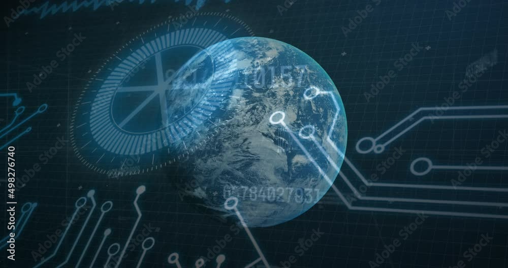 Animation of data processing, globe spinning with computer circuit board in background Animation of data processing, globe spinning with computer circuit board in background